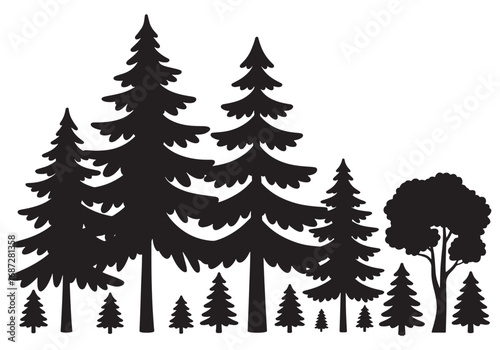 Diverse forest silhouette array of evergreen and deciduous trees for natural landscapes white background