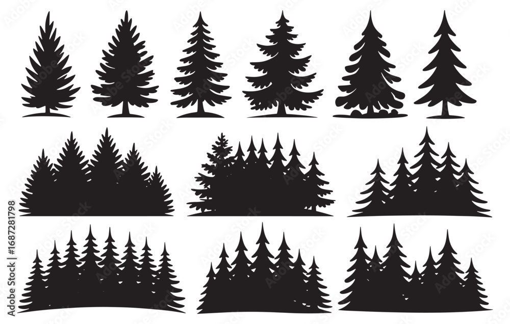 Fototapeta premium Collection of diverse pine tree silhouettes for natural woodland scenes and forest art projects white background