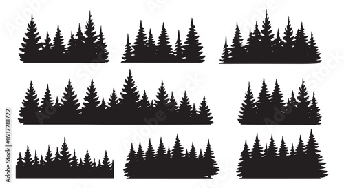 Diverse silhouette forest tree line collection natural woodland edge landscape elements white background