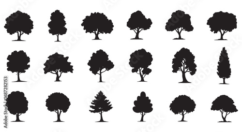 Collection of diverse tree silhouettes botanical elements for natural design projects white background