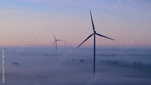 Wallpaper Mural Aerial Drone View of Wind Farm in Rural Landscape on Foggy Autumn Morning. Torontodigital.ca