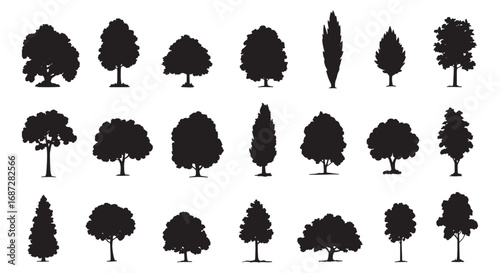 Diverse collection of silhouetted trees variety of shapes and styles nature elements for design white background