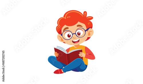Happy boy wearing glasses reading a book sitting cross legged