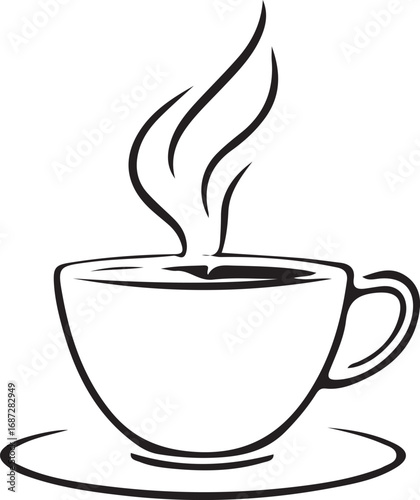 Simple line drawing of a steaming coffee cup and saucer for morning beverages