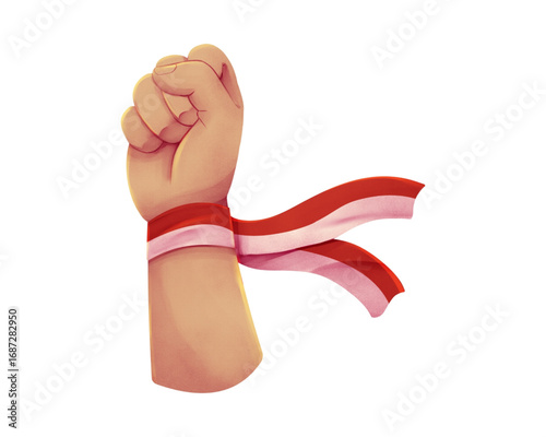 Hand with Indonesian Flag Ribbon Patriotism and Independence