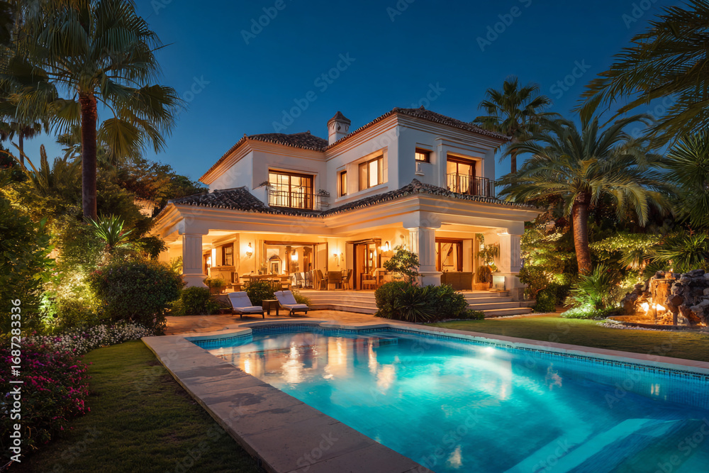 Fototapeta premium Luxurious Mediterranean villa at night poolside view stunning architecture landscaping
