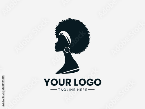African woman silhouette vector logo with natural afro hairstyle headwrap and earrings