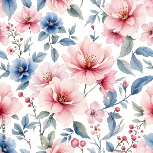 Watercolor floral pattern of hand-painted wildflowers and sprawling leaves tied with a sheer ribbon on a bright white silk background, created for wallpaper and fabric, illuminated with diffused