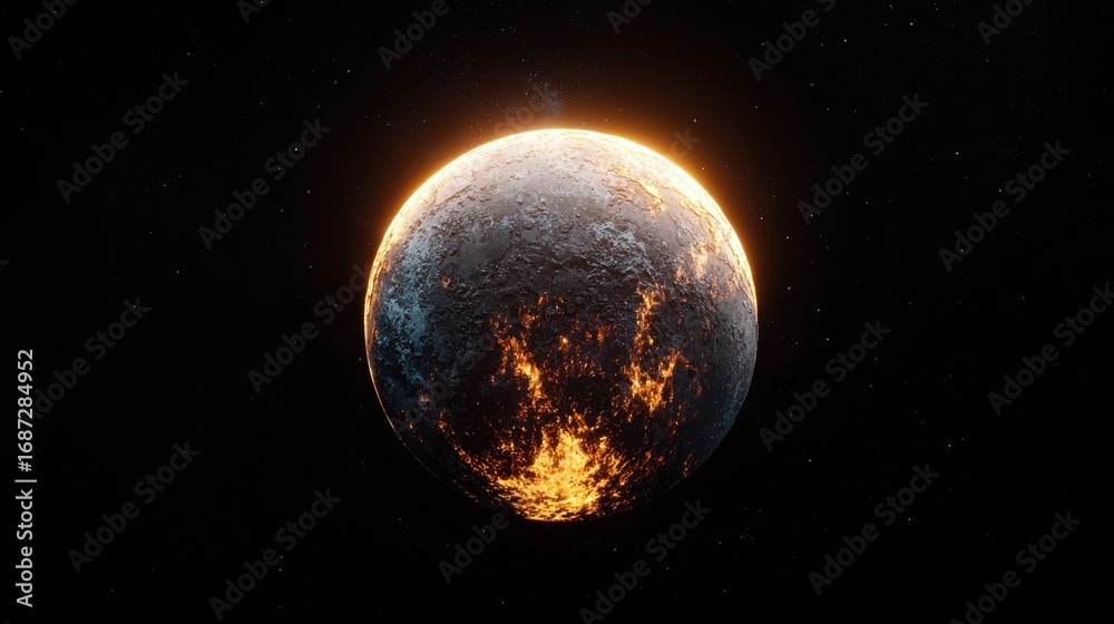 Fototapeta premium Burning planet in the dark expanse of space with glowing flames illuminating the surface