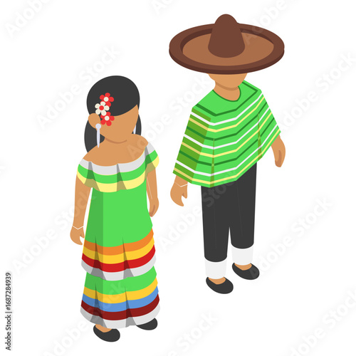 Mexican couple standing together isometric Concept, Multi color Tabasco skirt vector design, World Indigenous Peoples symbol, characters in casual clothes Sign, traditional dress stock illustration