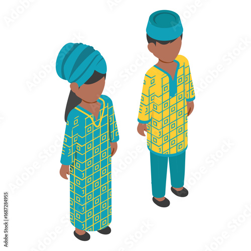 African couple standing together isometric Concept, woman wearing kanga and the gomesi vector design, World Indigenous Peoples symbol, characters in casual clothes Sign, traditional dress stock
