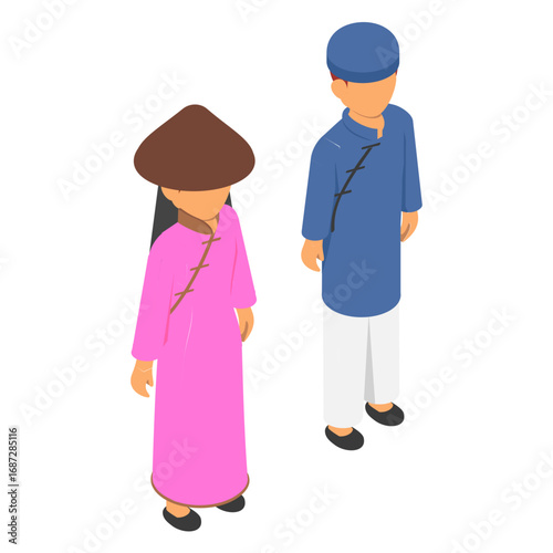 Vietnamese couple standing together isometric Concept, Women in silk tunic with pants worn Man in ao dai with tet vector design, World Indigenous Peoples symbol, characters in casual clothes Sign