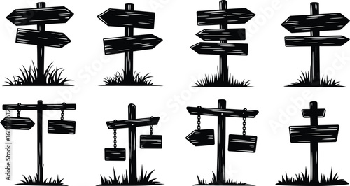 Wooden signpost silhouette set with arrows, boards, direction signs, vector illustration