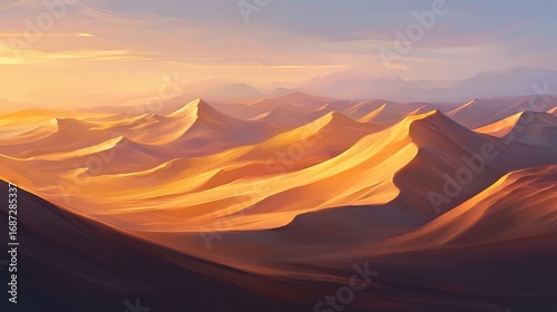 Desert dunes glimmer with golden hues during sunrise over a vast sandy landscape, creating a breathtaking display of nature’s beauty