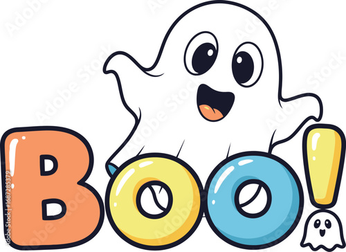 Cartoon ghost with the word boo in colorful letters for halloween celebration