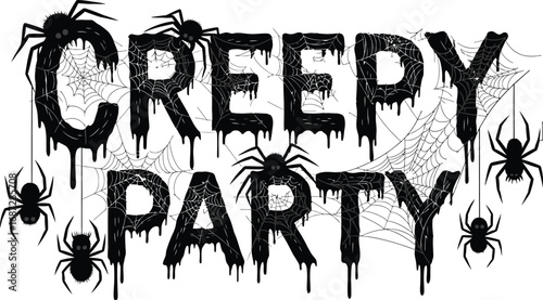 Creepy party text with spiders and spiderwebs for halloween themed design element