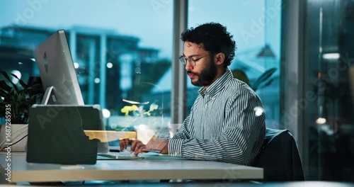 Night, cough and sick business man with disease, virus infection or cold by computer. Stress, illness or worker with allergy, flu or tired with fatigue of overwork or chest pain on overtime in office
