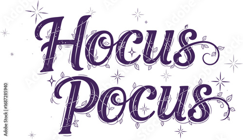 Elegant hocus pocus typography design with stars and vines for halloween season