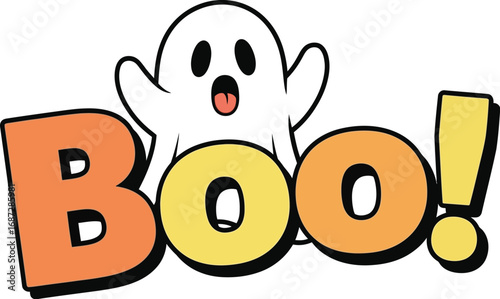 Cartoon ghost saying boo with orange and yellow letters for halloween design fun