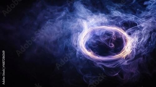 Mystical smoke ring surrounded by ethereal mist in a dark environment creates an enchanting visual experience with captivating swirls