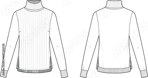 Front and back sweater technical sketch, fashion flat, turtleneck sweater design, ribbed knitwear illustration, apparel template, winter clothing mockup, garment CAD, pullover vector drawing.