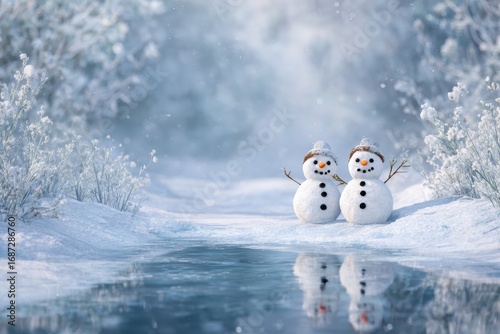 two snowmen in a frozen background. Generative AI