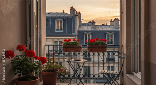 Fototapeta Naklejka Na Ścianę i Meble -  A small urban balcony in Paris, adorned with a classic wrought-iron railing. A tiny bistro set for two, red geraniums in terracotta pots, and a stunning view of historic rooftops at sunset