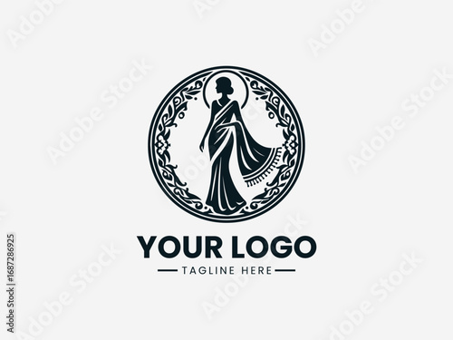 Elegant woman in saree with ornamental decorative circular frame vector logo design