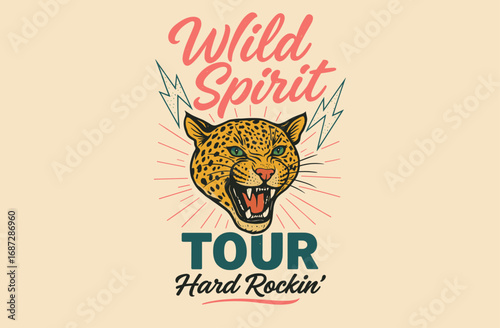 Rock and Roll Animal Artwork. Wild life illustration. Tiger Face Vintage Illustration. Tiger face print design for t-shirt. Rock and Roll Vector Print Design. Animal face.