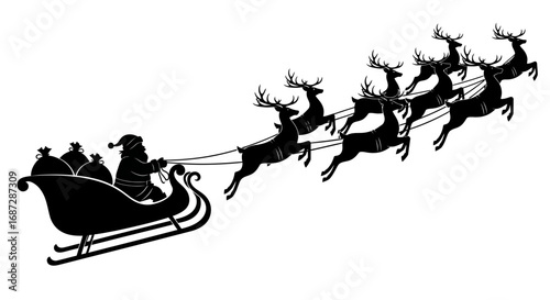 A classic black and white silhouette of Santa Claus on his magical Christmas Eve journey, flying in his sleigh pulled by a team of reindeer full of presents