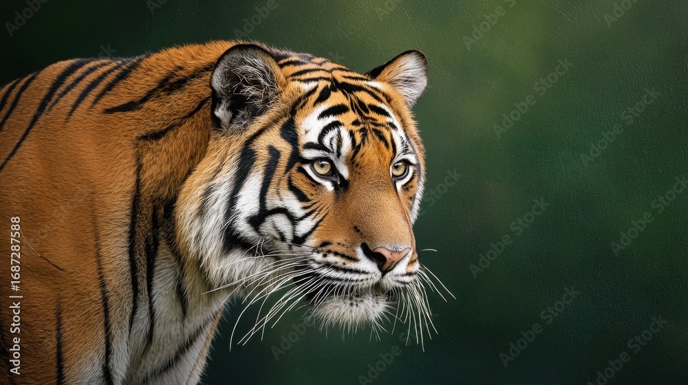 Fototapeta premium Captivating tiger portrait showcasing intense gaze and vibrant fur pattern against a softly blurred green background