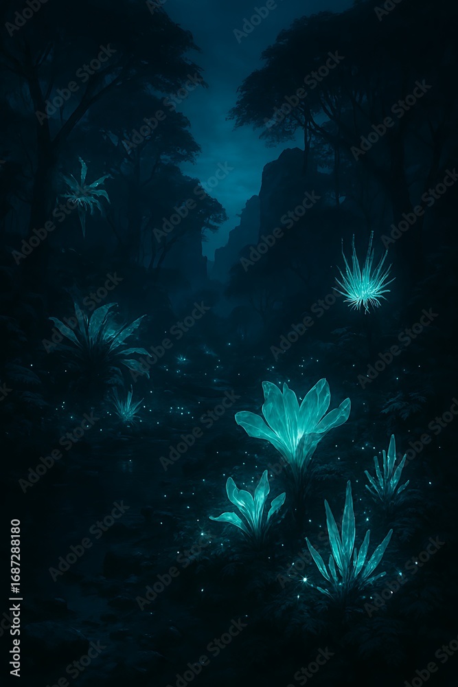 Fototapeta premium Discover magical glowing plants in a dark enchanted forest for fantasy book covers and mystical themed designs