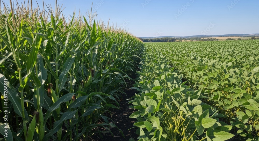 Fototapeta premium Medium shot of maize and soybean fields side by side showcasing diverse crop rotation enhancing soil fertility and sustainable farming practices under clear skies.