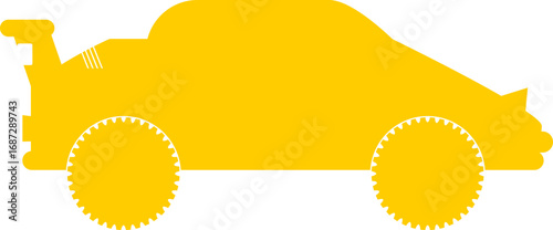 Solid yellow cartoon car vector drawing in flat clipart style for children education and fun kids design projects