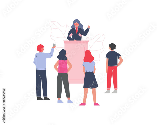 Auctioneer character at a rostrum engaging with a crowd of bidders during a public sale or event. Vector illustration concept