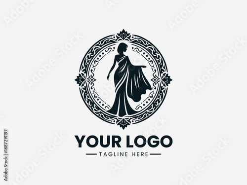 Elegant woman in saree with ornamental decorative circular frame vector logo design