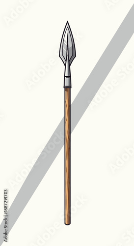 A detailed pixel art illustration of a medieval spear with a sharp metal head and wooden shaft casting a long shadow