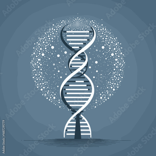 Stylized DNA double helix illustration surrounded by a circular pattern symbolizing genetics and life
