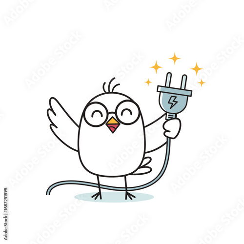 Enthusiastic cartoon bird wearing glasses holds a sparkling electrical plug ready to connect power