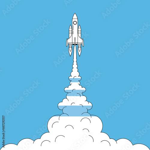 White space shuttle launching into the sky with a trail of white clouds against a clear blue sky