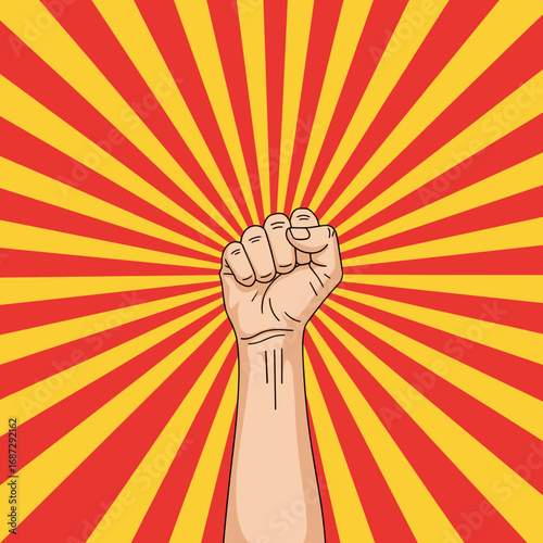 A fist raised up in defiance against a vibrant radial sunburst background symbolizing power and resistance