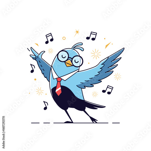 Charming blue bird in a suit and tie conducts an orchestra with musical notes swirling around