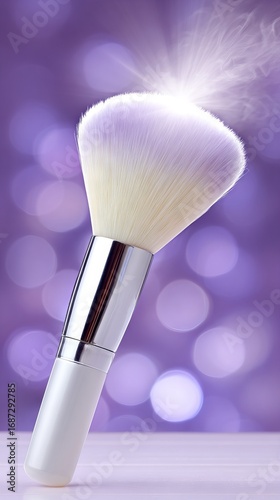 Makeup brush with soft bristles and shimmering effect, set against a blurred purple background, highlighting beauty tools and cosmetic artistry in a vibrant atmosphere