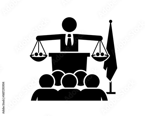 Vector graphic illustrating the legal justice system, with a central figure holding scales of balance, symbolizing law, fairness, and judicial proceedings