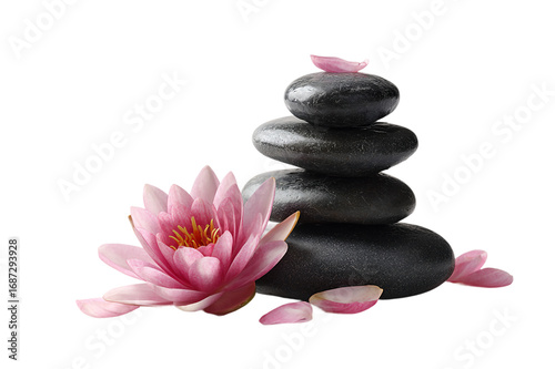 Pink lotus flower next to stacked black stones isolated on transparent background