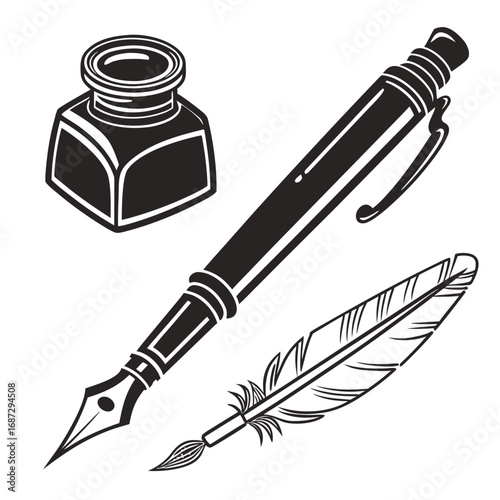 Fountain pen inkwell and quill writing