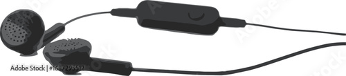 Black inear headphones with remote and microphone on a clean white background