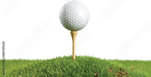 Golf ball sits perfectly balanced on a tee in lush green grass ready for play