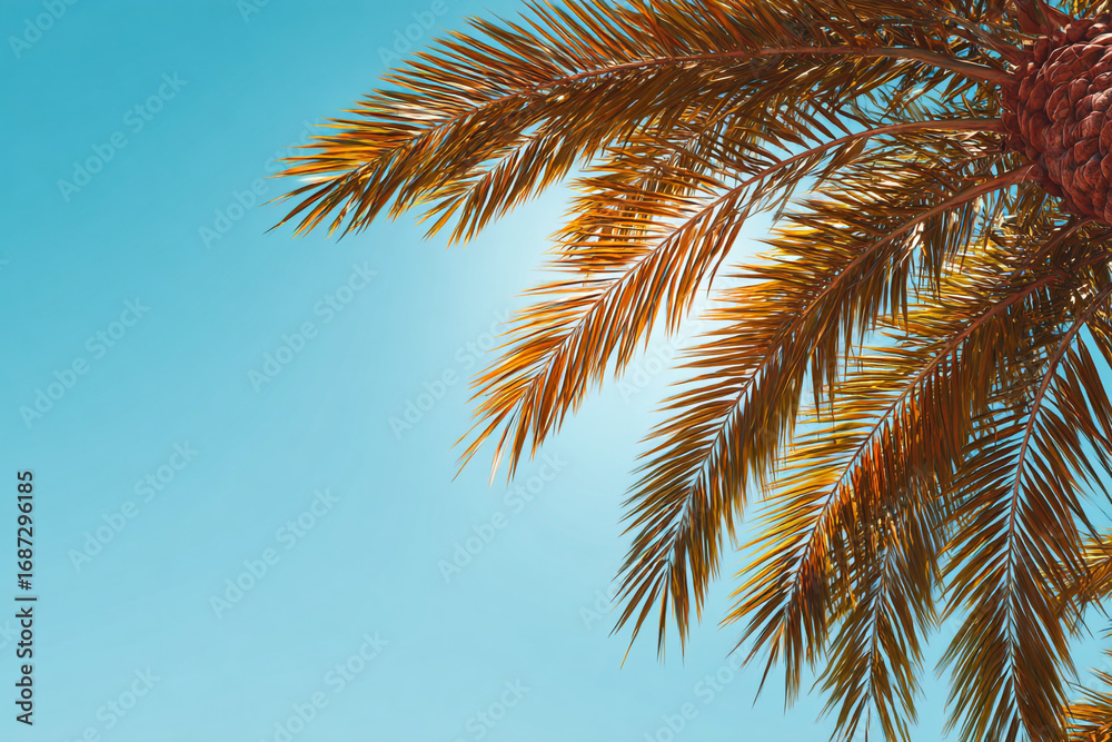 Fototapeta premium Golden palm fronds against a bright blue sky a summer vacation scene
