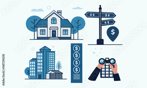 Real Estate Finance  Mortgage Calculator Illustration Set